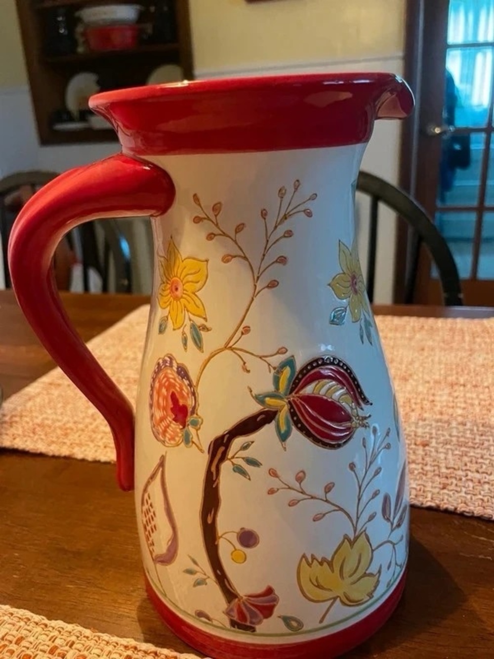 Hand-Painted Floral Ceramic Pitcher in Red Accent